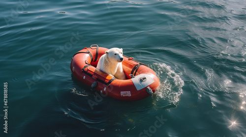 Top view of a polar bear sitting in a lifeboat on the open ice sea during a sunny day.