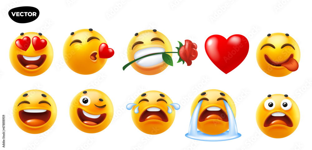 3d romantic vector style design of funny set of emoji with tongue, flower, heart, tear and smile for social media. Vector cool collection of illustration of happy fun emoticon with different emotion - obrazy, fototapety, plakaty 