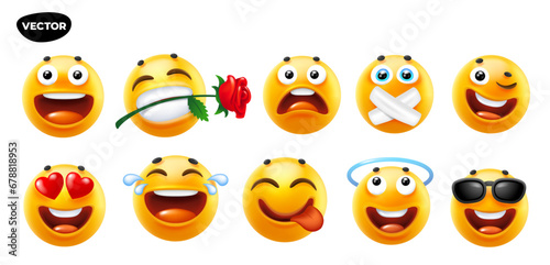3d vector style design of funny set of emoji with tongue, sunglasses, heart, tear and smile for social media. Vector cool collection of illustration of happy fun emoticon with different emotion