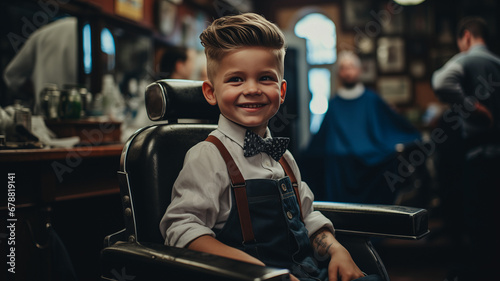 Happy hipster child boy in barbershop with fashion haircut, background barber shop photo