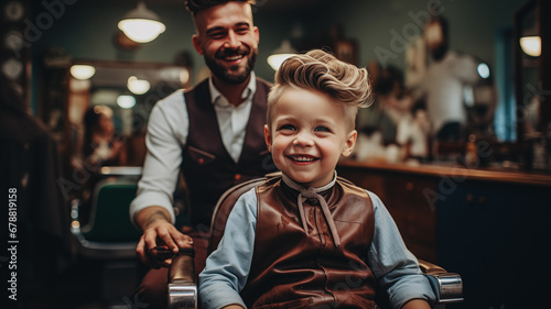 Happy hipster child boy in barbershop with fashion haircut, background barber shop photo