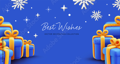 Vector illustration of realistic blue color gift box with yellow ribbon and text. 3d style holiday design of pile of present box with snowflake on blue background. Festive gift surprise