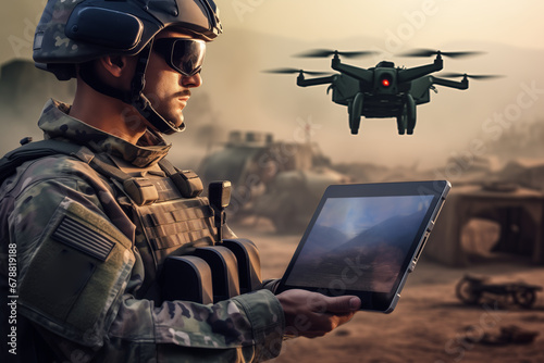 Military soldier controls drone on tablet for reconnaissance operation of enemy positions. Concept cyber technology robot in modern war photo