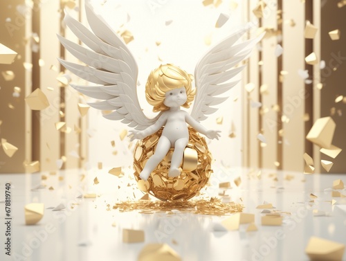 Funny malicious Christmas angel decoration, mischievious cherub ornament with white wings and golden hair on a golden Xmas bauble, broken golden ball, festive holiday decoration, getting into mischief photo