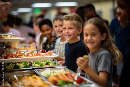 Happy child boy and other kids at buffet of cafeteria in elementary school or hotel photo