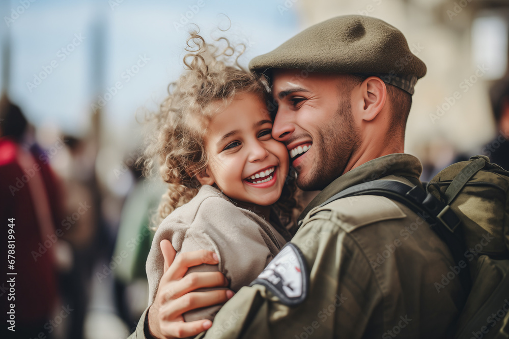 Soldier Israel returning home after military mission of war. Emotional family reunion, baby Jew girl daughter hugging soldier man dad