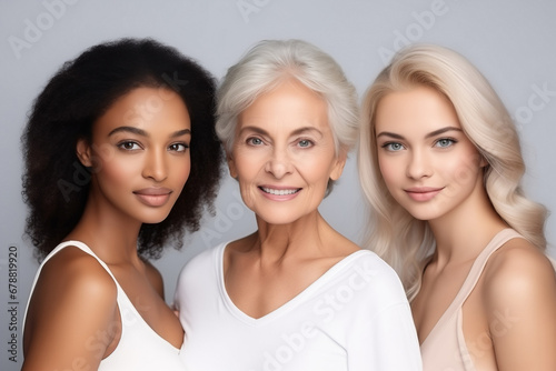 Multiethnic portrait of beautiful young women of different ages in studio. Concept beauty skin care