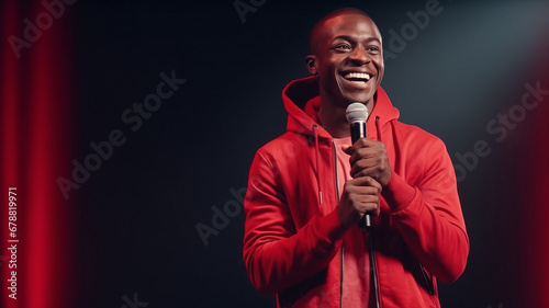 Young afro american man talks joke into microphone or sings songs. Stand up comedian on stage photo