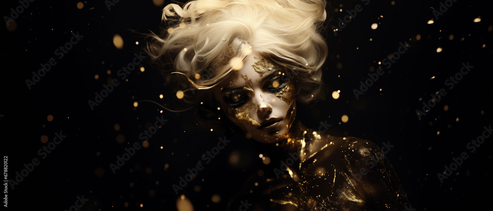 Model like an angel with golden face paint and gold leaf sparkling glitter - rich opulence and exquisite delight, cosmetics and skincare advertisement campaign - eternal divine feminine beauty. 