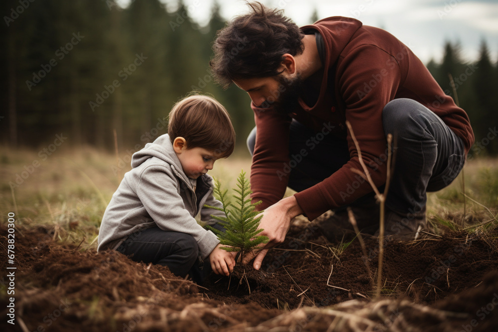 Young father teaching his son the value of nature and environmental education through planting a tree. Bonding through generations, cultivating a sense of responsibility and sustainability - obrazy, fototapety, plakaty 