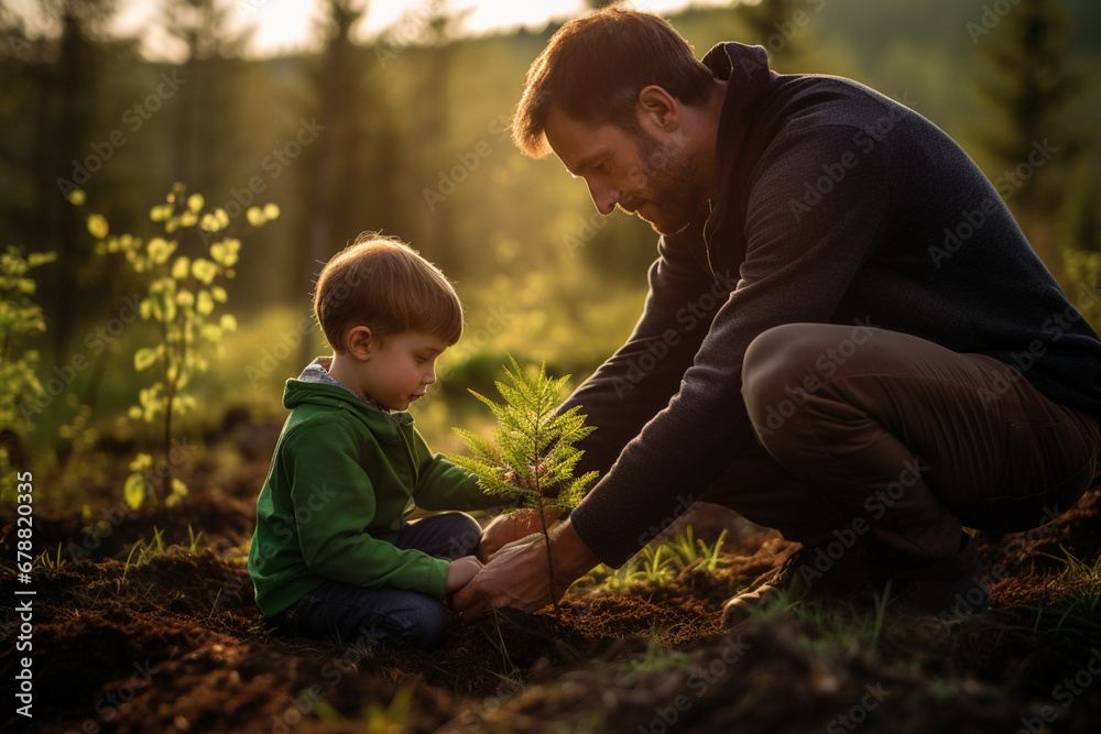 Young father teaching his son the value of nature and environmental education through planting a tree. Bonding through generations, cultivating a sense of responsibility and sustainability