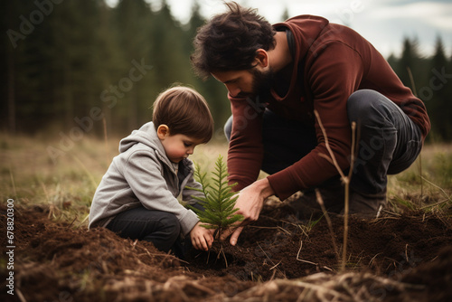 Young father teaching his son the value of nature and environmental education through planting a tree. Bonding through generations, cultivating a sense of responsibility and sustainability photo