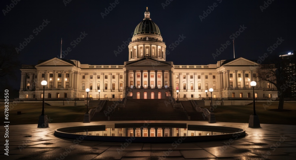 Aerial View of Arkansas State Capitol Building with City Lights at Night