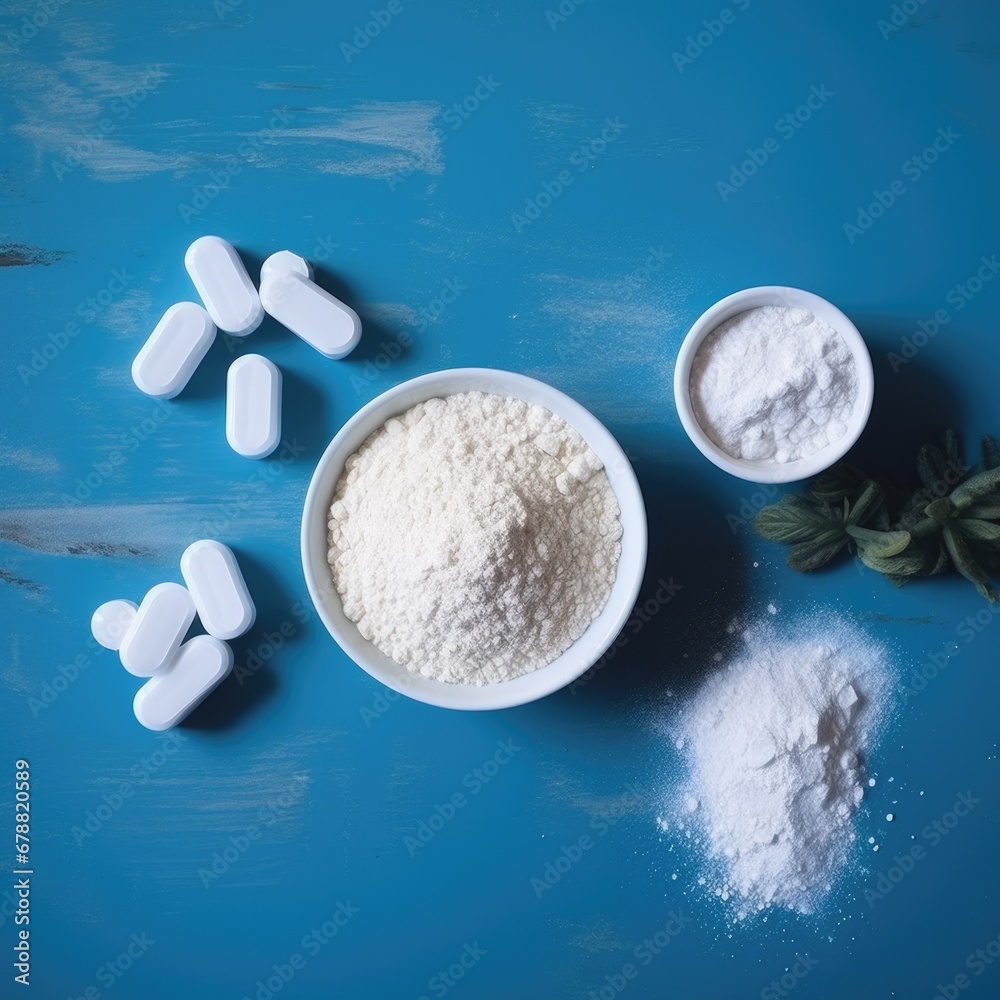 Collagen powder and pills on blue background. Top view. AI Generated Collagen powder and pills on blue background. Top view. AI Generated