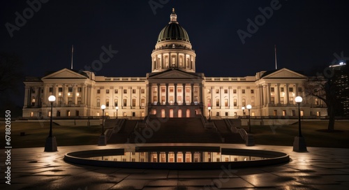 Aerial View of Arkansas State Capitol Building with City Lights at Night
