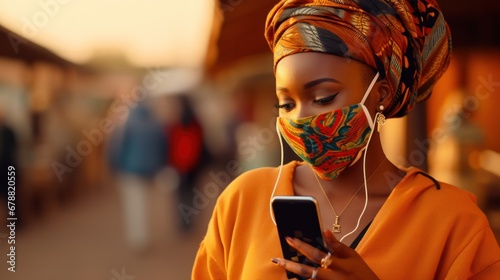 African Cultural Tourist Takes Selfies and Video Chats During Pandemic with Monumental Background photo