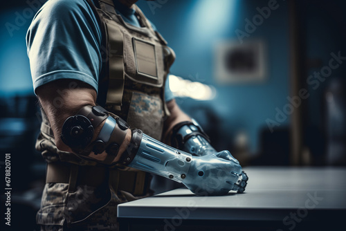 Veteran soldier with prosthetic amputated arm photo
