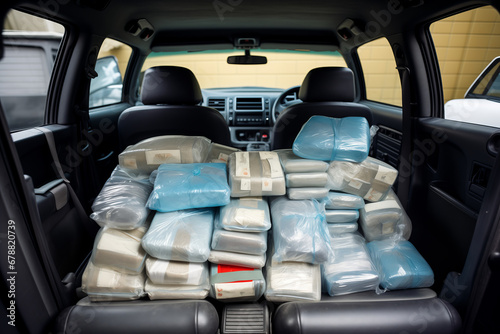 Illegal drug smuggling inside car. Police discovered large shipment of pills inside cabin photo