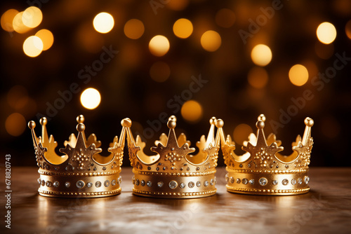 Fényképezés Three gold shiny crowns on warm bokeh background
