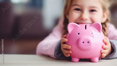 Little caucasian girl hold pink piggy bank. Concept learning about saving money, kid save finances for education or dream