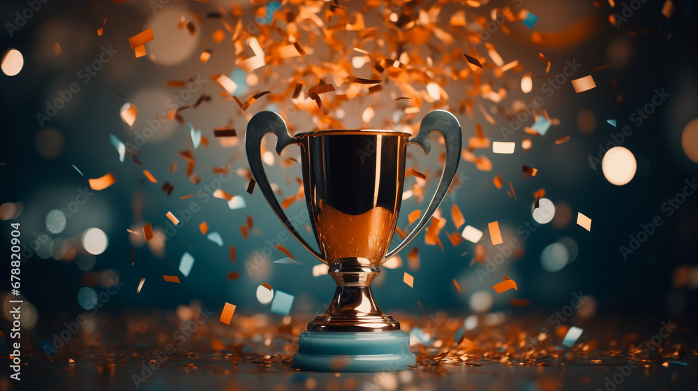 Champion golden trophy with gold stars on blue dark background. Champion golden trophy with gold stars on blue dark background.