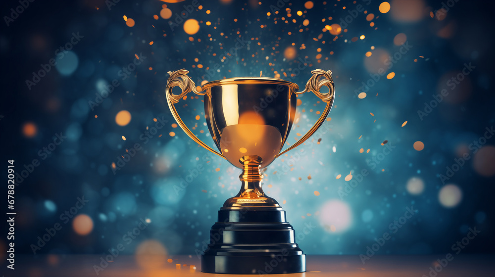 Champion golden trophy with gold stars on blue dark background. Champion golden trophy with gold stars on blue dark background.