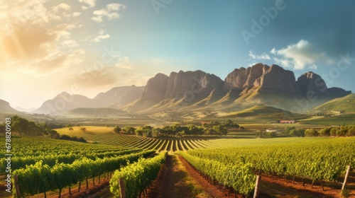 Beautiful Stellenbosch Scene with Grapevines and Harvesting Equipment.