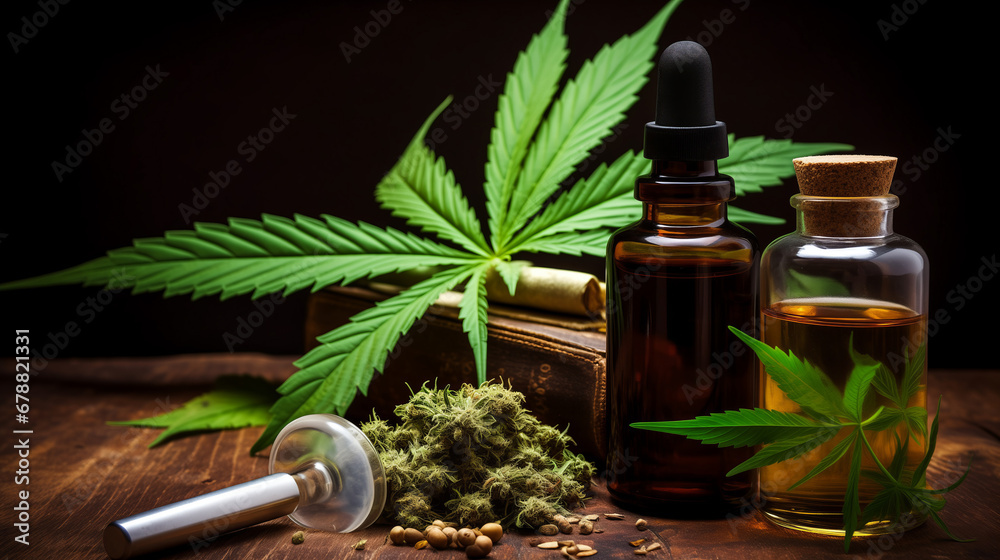 Cannabis CBD oil extracts in jars herb and leaves. Concept medical marijuana in flask