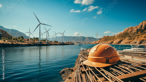 casco de constructor en el contexto de plantas de energía eólica © Dreamer