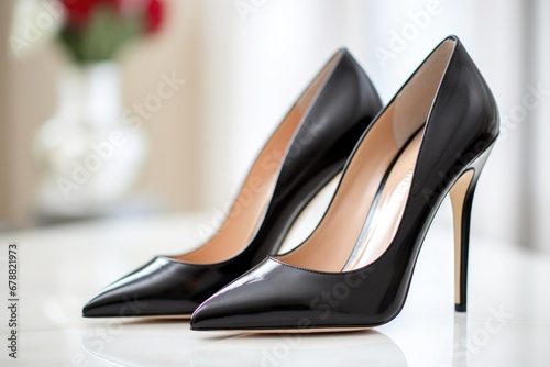 A pair of black high heel shoes sitting on a table