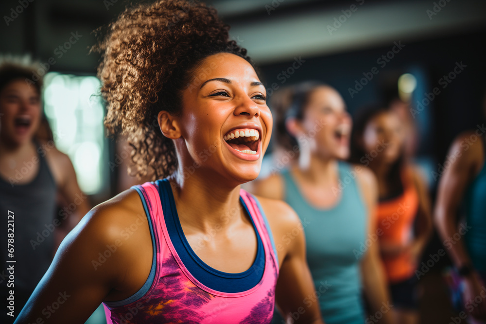 beautiful women enjoying a joyful dance class, candidly expressing their active lifestyle through Zumba with friends