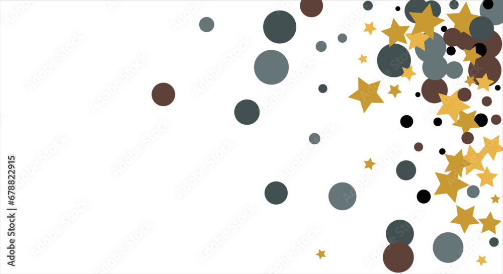Gold, blue, brown, black confetti with circles and stars. Cosmic shine. Christmas abstract pattern. Beautiful illustration for postcard, banner, web. Background for the image. Vector illustration