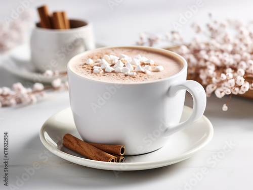 Hot chocolate with cinnamon sticks holiday food photography. Generative Ai
