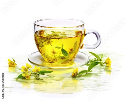 Cup of Tea on White Background - Relax with a Soothing Herbal Infusion in a Green Teapot, Perfect for Taking a Break from the Day's Chaos