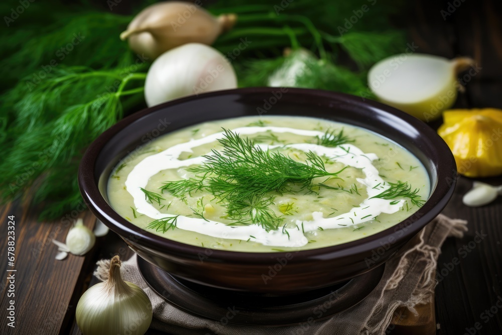 Creamy Fennel Soup in a Hot Bowl with Fresh Herbs. Vegetable Dish for Vegetarian Food Lovers. Closeup of Delicious Cream Soup