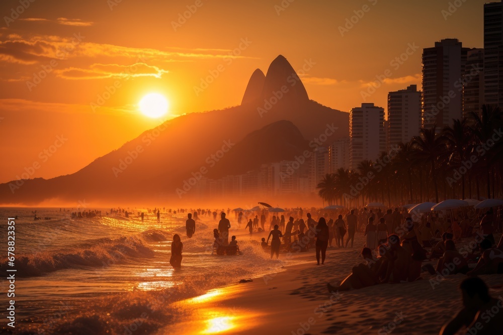 Late Afternoon Bliss: Unidentifiable Silhouettes Enjoy the Sun on Ipanema Beach, Rio de Janeiro's Most Exclusive Coastal Getaway - obrazy, fototapety, plakaty 