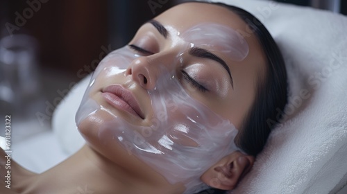 Jelly Mask Cosmetic Treatment for Facial Skincare. Young Woman with White Alginate Mask Receiving Anti-Aging Treatment in Beauty Salon