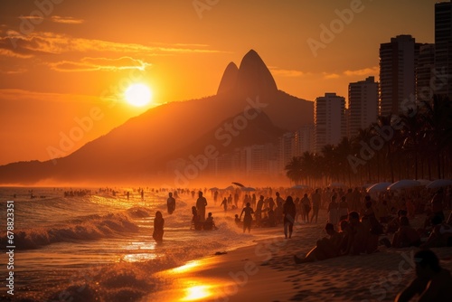 Late Afternoon Bliss: Unidentifiable Silhouettes Enjoy the Sun on Ipanema Beach, Rio de Janeiro's Most Exclusive Coastal Getaway photo
