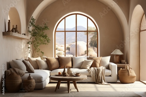 Loft interior design of modern living room, beige sofa with terracotta pillows against arched window near stucco wall with copy space
