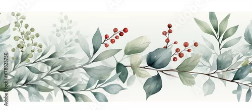 Panel kuchenny z motywem  Winter botanical watercolor leaf branches background vector illustration. Hand painted watercolor foliage, berry, pine leaves, holly sprig. Design for poster, wallpaper, banner, card, decoration.