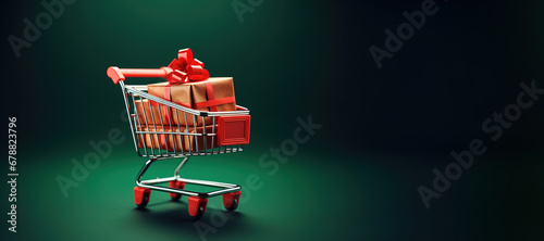 Generative AI, shopping cart with many gift boxes on red and green background with glittered bokeh, Christmas concept, discount and sale.	
 photo