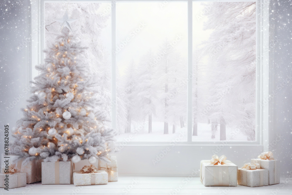 Christmas tree and festive gifts in white living room, big window with view on snowy forest, Xmas festive white interior Christmas tree and festive gifts in white living room, big window with view on snowy forest, Xmas festive white interior