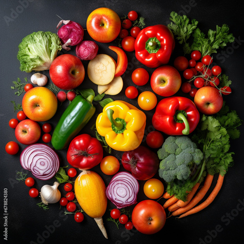 Top view fruits and vegetables bell peppers apples carrot coriander cauliflower persimmon radish cherry tomatoes red