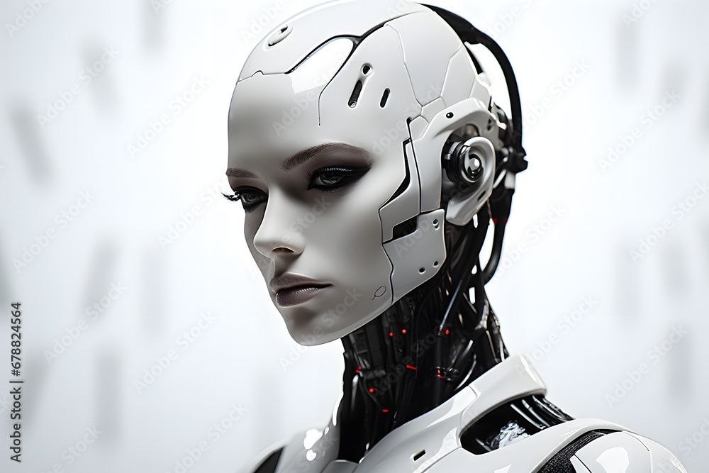 Close-up of a female android face with futuristic cybernetic design Close-up of a female android face with futuristic cybernetic design