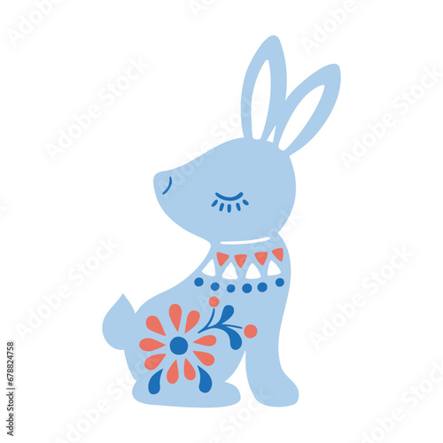 Vector illustration of patterned animal in Nordic style hygge. Silhouette of hare in folk style isolated on white background