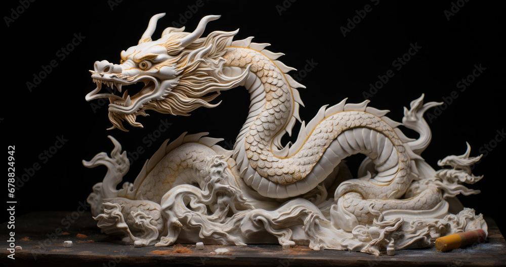 Obraz premium There is a figurine of a Chinese dragon carved from wood on the table. Symbol of the coming new year