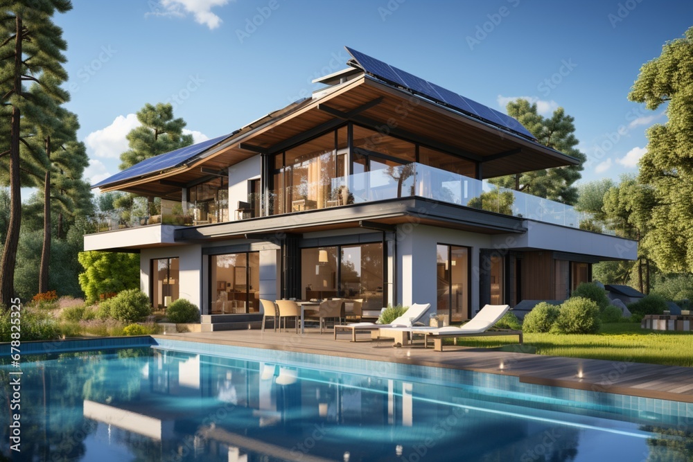 Luxury villa with terrace and swimming pool, featuring the exterior of a beautiful modern house with solar panels on the roof