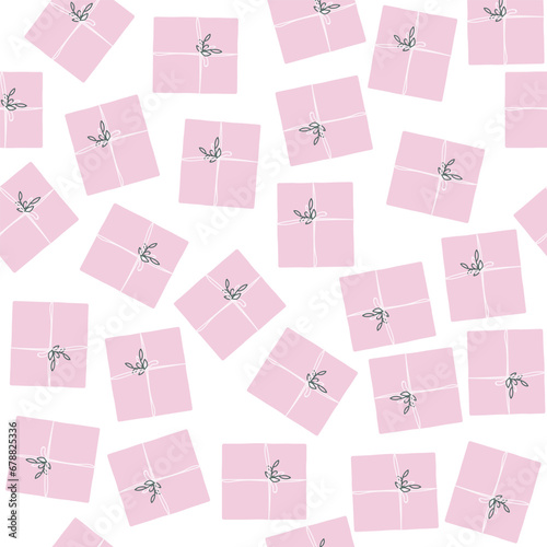 Seamless pattern with pink gift boxes. Cute holiday print. Vector hand drawn illustration.