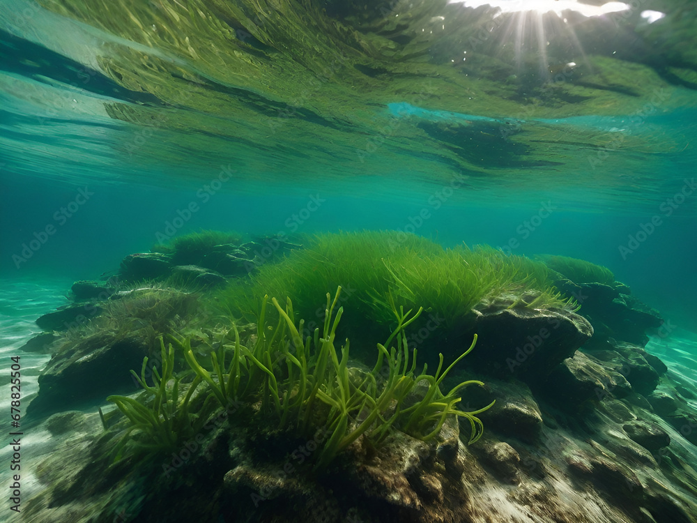 Fototapeta premium Underwater view of a group of seabed with green seagrass. 
