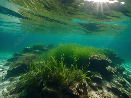 Underwater view of a group of seabed with green seagrass. 